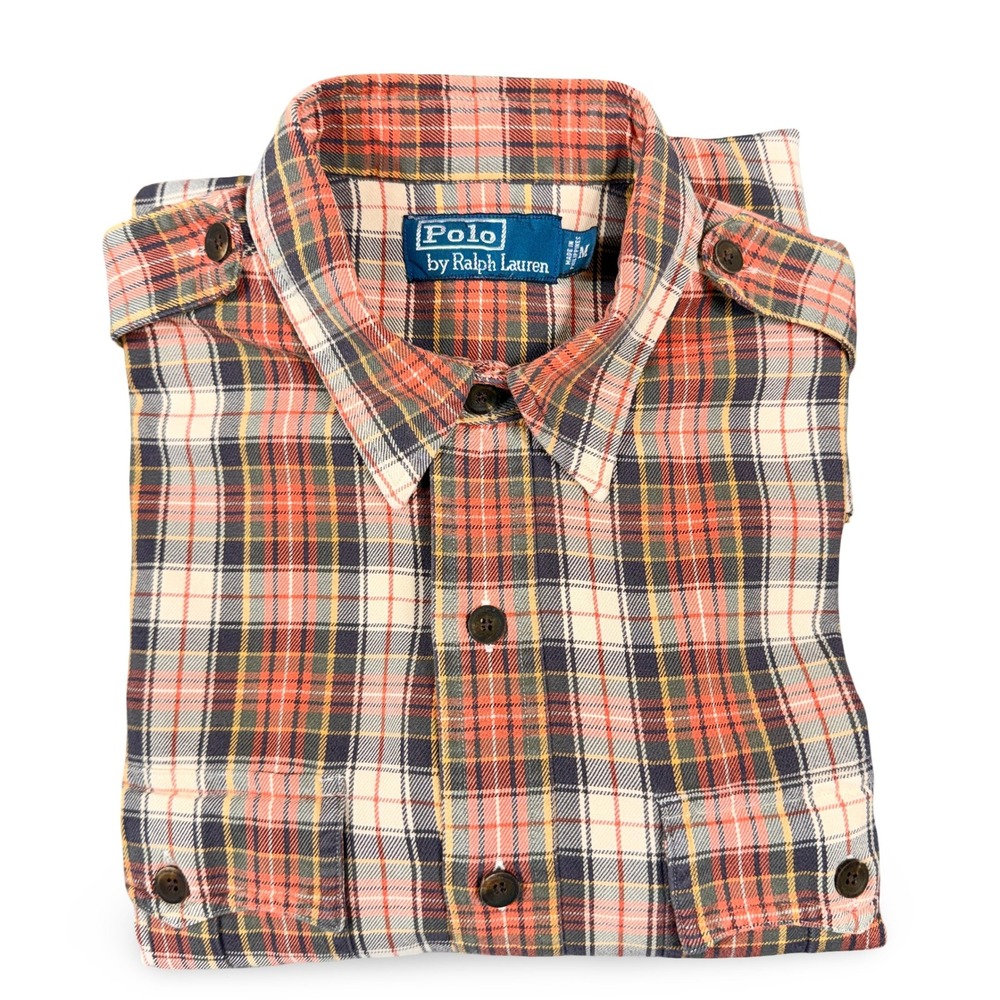 Vintage 90s Polo Ralph Lauren Mens Plaid Work Shirt M Red Tan Fall Epaulets